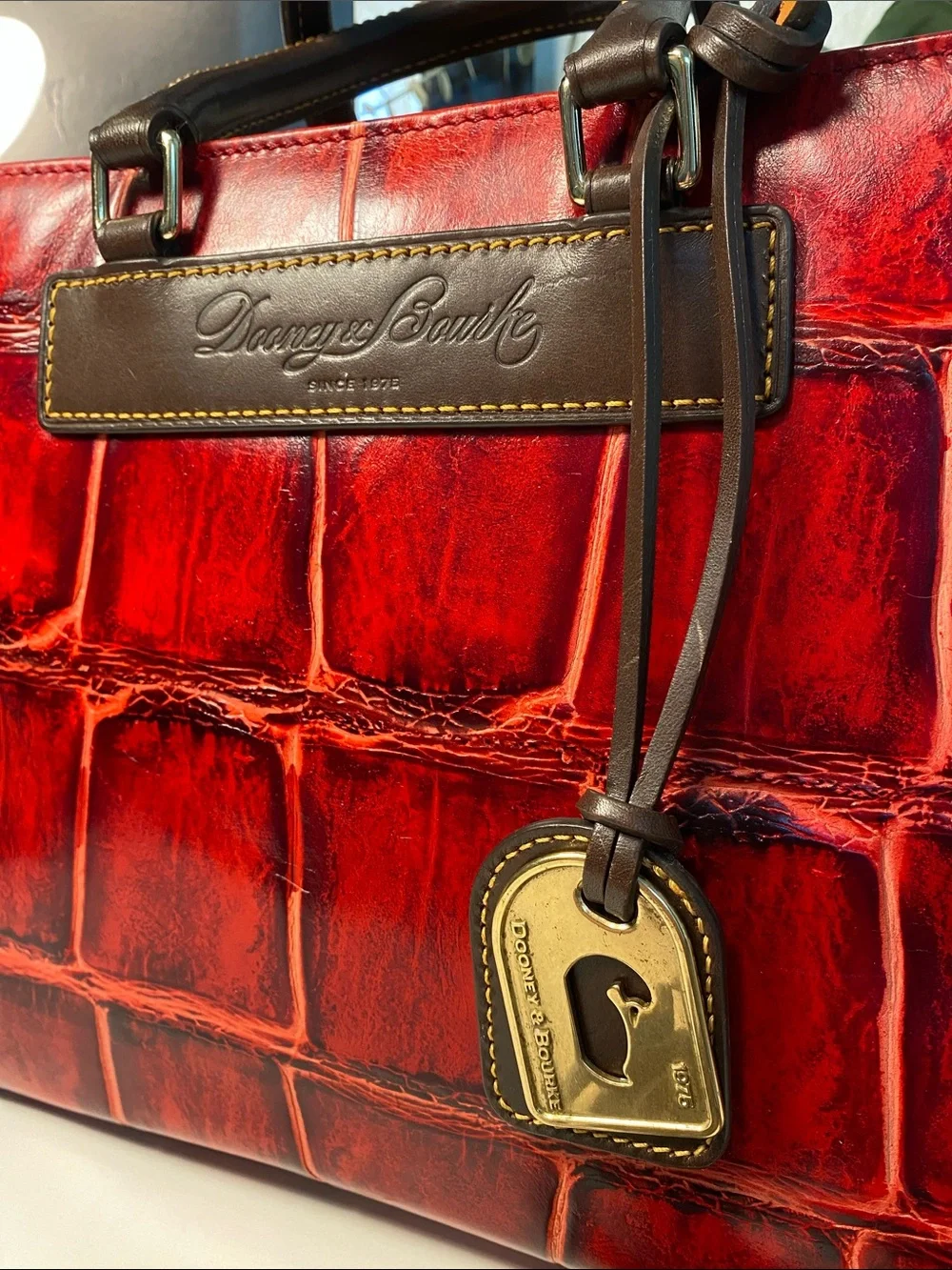 Dooney & Bourke Red Croc-Embossed Leather Satchel with Brown Trim